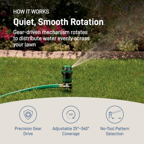 Orbit H2O-Six Gear-Drive Sprinkler on Metal T-Spike - Customizable Lawn Watering Coverage - Multi-Pattern Rotating Head with Adjustable Spray Range - Durable Outdoor Yard Irrigation Sprinkler - 58573