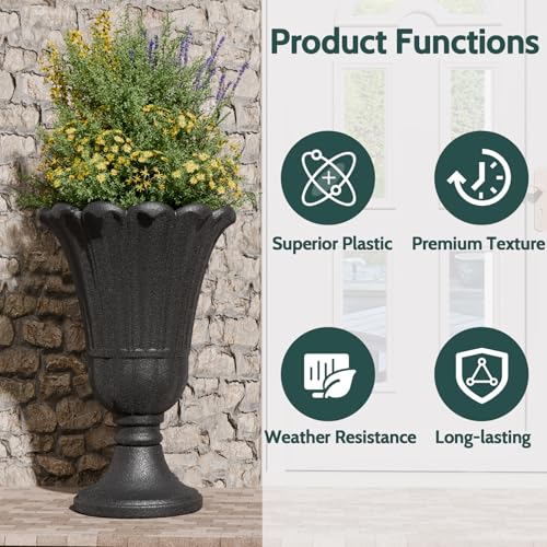 Tall Plastic Urn Planters and Pedestal - 24" Outdoor Planter Black - color: Black-petal