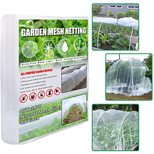 SnugNiture Garden Netting 8x24FT Ultra Fine Mesh Mosquito Netting Plant Covers, White Bird Netting Barrier Greenhouse Row Cover Protect Fruits Flower Vegetables from Birds Deer & Squirrels - size: 8X24FT