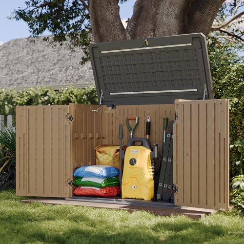 Aoxun Outdoor Storage Cabinet, 35 Cu Ft Waterproof Portable Horizontal Resin Shed Outdoor Storage for Garbage Bin, Generators & Yard Gear, and Lawn Mower (Brown) - size: 35 Cu.Ft