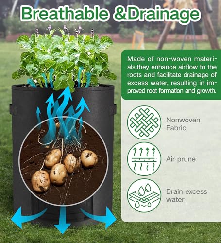 6-Pack 10 Gallon Potato Grow Bags – Durable Nonwoven Fabric Planters with Reinforced Handles | Reusable Garden Containers for Potatoes, Vegetables (Black, 10 Gallons/6 Pack) - size: 10 Gallons