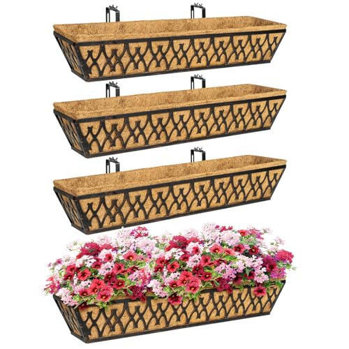 4 Pack 30 Inch Window Boxes Planters Railing Planter Box with Adjustable Brackets for Porch Fence Patio Balcony Hanging Flower Baskets with Coco Liners for Outdoor Garden Decor - Bronze - color: Bronze, size: 30 Inch - 4 Pack