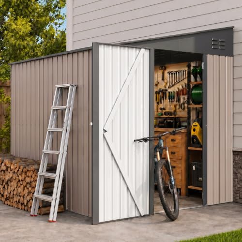 AECOJOY 6' x 8' Lean to Storage Shed, 8x6 Outdoor Storage Cabinet Shed Metal Wall Side Storage Sheds & Outdoor Storage, Garden Storage Cabinet for Backayrd, Patio, Outdoor Use in Grey - color: Gray, size: 6' x 8'
