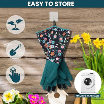 Gardening Gloves for Women, Long Garden Gloves with Grip, Thorn-Proof, Gift - color: Dark Green - Circle Flower