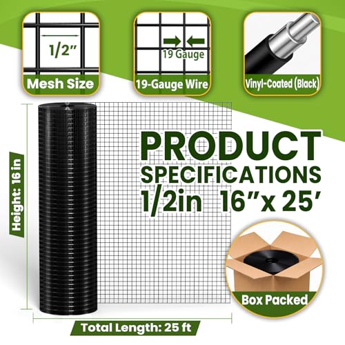 1/2in 16in x 25ft Black PVC Hardware Cloth 19 Gauge Gutter Guard Mesh Roll - size: 1/2inch 16"x25'