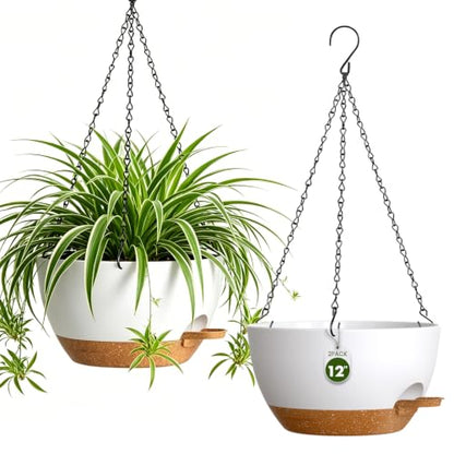 12 Inch Large Self Watering Hanging Planters 2 Pack with Saucers - color: White Brown, size: 12 Inch 2 Pack
