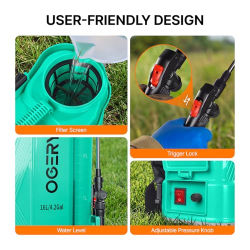 OGERY Battery Powered Backpack Sprayer 4 Gallon, 2.6Ah 21V Battery with 6 Nozzles, Telescopic Stainless Steel + Plastic Wand for Lawn Garden Weed Yard Cleaning (Charger Included)
