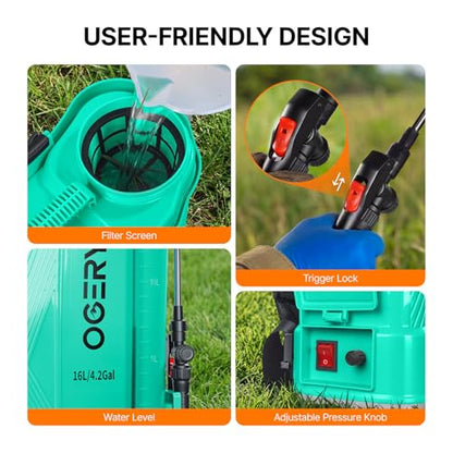 OGERY Battery Powered Backpack Sprayer 4 Gallon, 2.6Ah 21V Battery with 6 Nozzles, Telescopic Stainless Steel + Plastic Wand for Lawn Garden Weed Yard Cleaning (Charger Included)