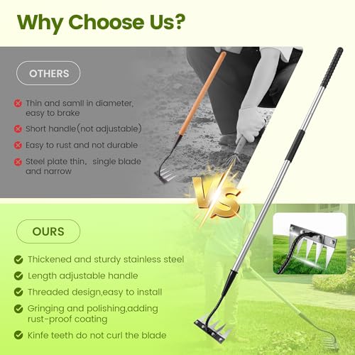 Iron Weeding Rake with Long Handle, Manual Weeder Tool for Garden