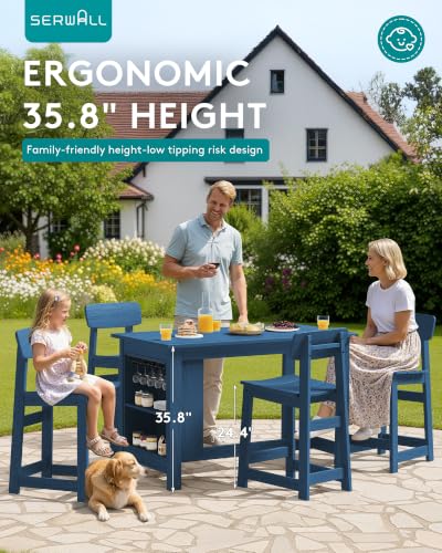 SERWALL 5-Piece Outdoor HDPE Counter-Height Bar Set with 4 Stools, Blue - color: Blue, size: 5 Piece Bar Set