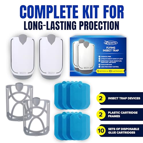 2 Fruit Fly Traps & 10 Adhesive Cartridges, Indoor Plug-in Bug Catcher, UV Light Fly Trap Captures Fruit Flies, Gnats, Houseflies, Moths, and Flying Insects for Kitchen, Bathroom, Plant Areas - size: 2 Devices + 10 Refill Cartridges