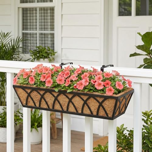 Y&M 4pcs 24 Inch Planter, Metal Window Boxes with Coco Liner, Indoor Outdoor Hanging Flower Planter for Garden, Lawn, Balcony, Porch, Fence, Patio Rail - size: X - 24in 4P