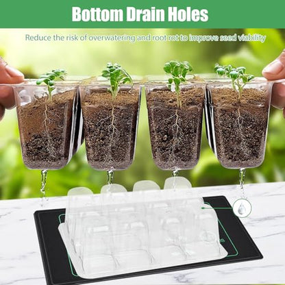 Sckee 6 Pack Seed Starter Tray with 10"x20.75" Seedling Heat Mat, Seed Starter Kit with Humidity Dome, Seed Starting Trays Plant Starter Kit and Base, Kit for Seeds Growing Starting