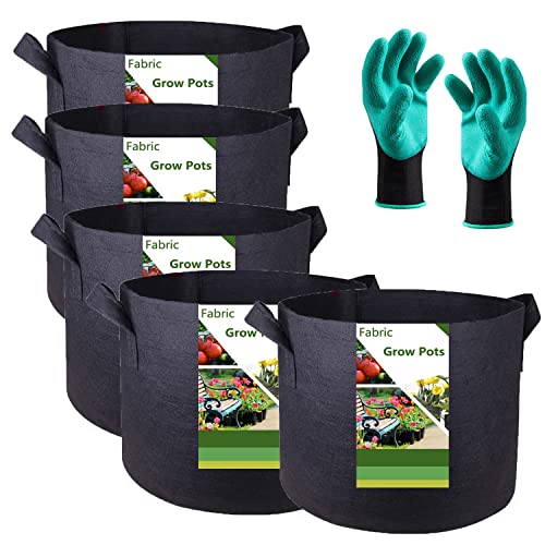 5-Pack 3 Gallon Thickened Nursery Bags Plant Grow Bags (10x8 in) Fabric Plant Pots Garden Bag for Flower Pot,Herbs Veggies Planter Bag,Garden Pots,Barrel Planters,Plant Container with Gardening Gloves - size: 3 Gallon (10x8 inches)