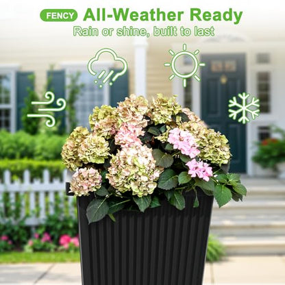 FENCY Set of 2 Tall Planters for Outdoor Plants, Black Ribbed - color: Black-square Ribbed