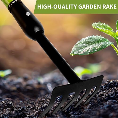 Small Garden Rake, Telescopic Handle 27-39 in, for Tight Spaces