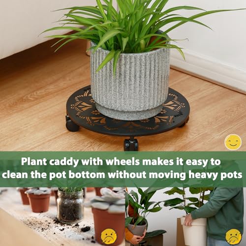 4 Pack Rolling Plant Caddy with Wheels 14 Inch, Plant Rollers with Wheels Metal Plant Caddy with Wheels Heavy Duty Plant Stand for Large Plants, Matte Black Rolling Planter Base, 4 Wheels for Planters - color: Black