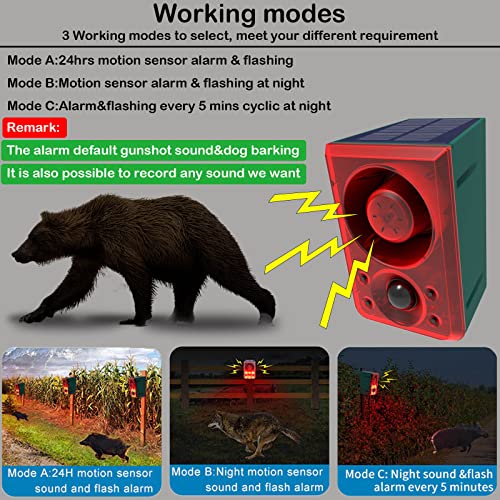 Solar Outdoor Motion Sensor Alarm - Dog Barking & Gunshot Sound 130db Motion Detector Alarm Light,with Remote Controller for Home, Villa,Yard,Chicken coop,Farm,Barn