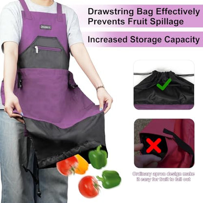 Garden Apron,Harvest Aprons with Drawstring Bag and Pockets for Women and Men,Canvas Fruit Picking Apron - color: Purple