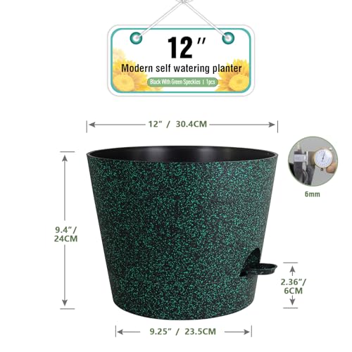 Meowell 12 inch Large Self Watering Pot for Indoor Outdoor Plants - color: Black With Green Speckles, size: 12inch A
