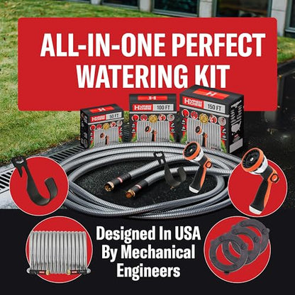 Best 50 ft Metal Garden Hose Set - No-Kink Durable 316 Stainless Steel, 10-Way Zync Spray Nozzle & Hook – Tough Flexible Heavy Duty Water Hoses, 5/8 in, Rust, Weather, LeakProof - size: 50 FT SET