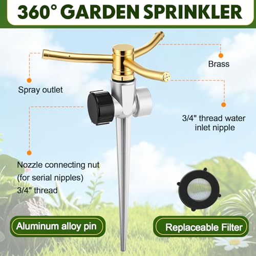 6 Pack Metal Lawn Sprinklers for Yard with Brass Nozzle & Aluminum Alloy Spike Base, Adjustable Automatic Garden Water Sprinkler System with Screen Gasket for Yard Lawn Greenhouse(Silver) - color: Silver