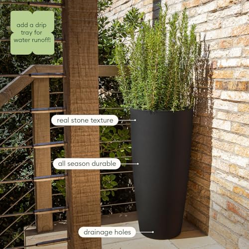Veradek Mason Series Vega Planter - Tall Round Outdoor Planter with Shelf - color: Black, size: 28 inch
