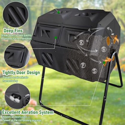 43 Gallon Dual Chamber Compost Tumbler - Outdoor Rotating Composting Bin with Easy-Turn System & Aeration - BPA-Free Large Garden Waste Bin for Kitchen Scraps & Yard Manure - Weather-Resistant - size: 43 Gallon