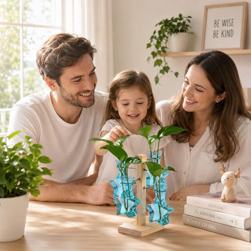 Nacome Plant Terrarium Propagation Stations: Blue Vase with Wooden Stand - color: Blue