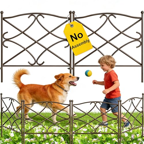 AMAGABELI GARDEN & HOME 5 Panels Decorative Garden Fence 24in(H) x10ft(L) Animal Barrier Dogs Rustproof Metal Landscape Wire Fencing Folding Wire Patio Fences Flower Bed Border Edge Brown - color: Brown, size: 24in(H) x 10ft(L)