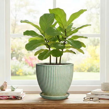 8 Inch Planter, Ceramic Plant Pots with Saucer, Green - color: Green, size: 8 Inch