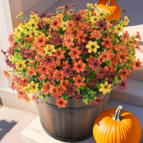 Homsunny Artificial Fall Flowers for Outdoor Planters Fake Mums Home Decor - color: 4 Yellow +4 Brown +4 Orange, size: 12 PCS