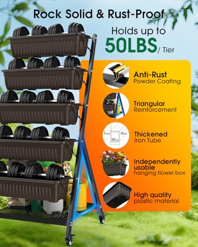 5-Tier Vertical Garden Bed Planter Boxes with Wheels, Drainage System & Storage Space, Mobile Vertical Garden Planter with 5 S-Hooks for Plants Vegetables Flowers Herbs in Garden Patio Yard - style: with wheels