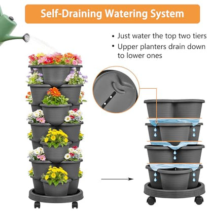 VECELO 7 Tier Vertical Garden Planter, Self Watering Stackable Planters with Wheels for Strawberries, Herbs, Flowers, Vegetables, Dark Gray - color: Dark Gray, size: 7 Tier