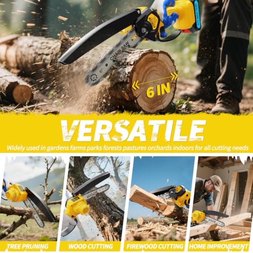 Mini Chainsaw - 6 Inch Battery Chainsaw with Power Display, 2 Batteries Included, Garden Tool for Tree Branch Trimming & Wood Cutting, Ideal Holiday Gifts for Men, Fathers & Gardening Enthusiasts - color: Yellow03