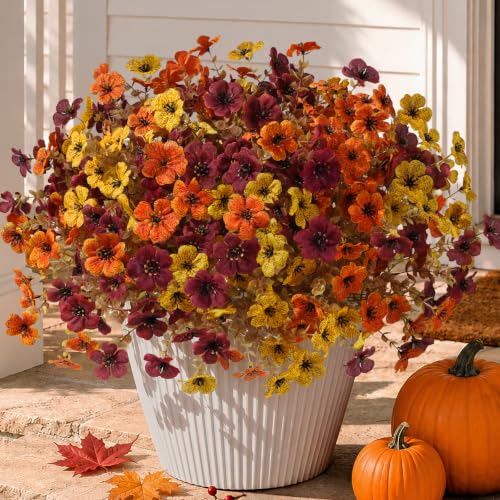 HyeFlora Artificial Fall Flowers Faux Mums, 3 Color Mixed, 12 Bundles - color: 3 Fall Colors
