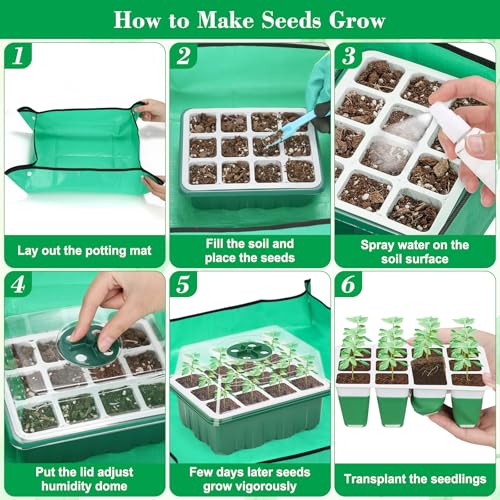 Reusable Silicone Seed Starter Tray, 60 Cells Seed Starter Kit with Humidity Adjustable Dome and Lid, Plant Germination Trays with Repotting Mat 5 Packs Germination Kit for Seeds Grow Starting