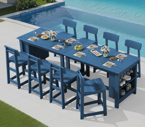 SERWALL 10-Piece Outdoor HDPE Counter-Height Bar Dining Set for 8, Blue - color: Blue, size: 10 Piece Bar Set