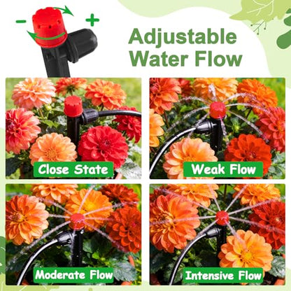 55 Pieces Drip Irrigation Emitters for 1/4" Tubing, Adjustable 360 Degree Water Flow Irrigation Multi Stream Spray Emitter On 5" Stake for Garden Watering System - color: Red Lock Emitter-55P