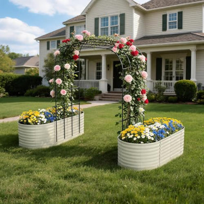 Metal Raised Garden Bed with Trellis for Climbing Plants Outdoor - color: Beige