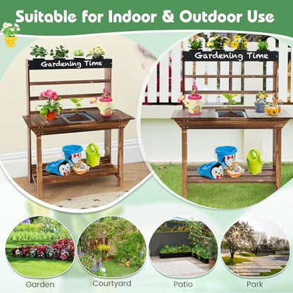 GLACER Potting Bench for Kids, Outdoor Wood Kids Garden Table with Removable Sink, Open Shelves, 4 Pots, Toy Gardening Center Playset, Kids Potting Table Mud Kitchen, Gift for Boys Girls Aged 3+