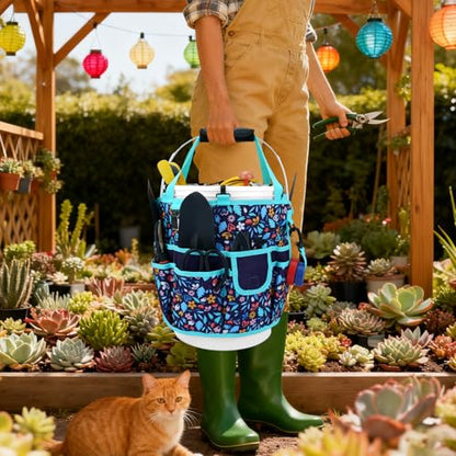 KUNN Bucket Tool Organizer 5 Gallon with Hangable Handle 18-Pocket Detachable Bucket Bag for Tools, Garden Caddy Tote with Pockets, Heavy Duty 600D Polyester Gardening Accessory,Blue - color: Navy Bloom