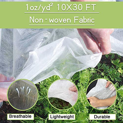 Plant Covers Freeze Protection Kit, 10 x 30Ft Frost Cloth and 6Pcs Fiberglass Garden Hoops 1oz/yd² Floating Row Cover with Greenhouse Hoops Frost Blanket for Winter Garden Covers for Raised Beds - size: 10x30ft with hoops