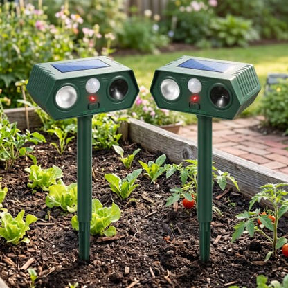 Animal & Squirrel Repellent Outdoor 2 Pack, Solar Ultrasonic Raccoon Deer Deterrent with 110° PIR Motion Sensor, 13.5–45.5 kHz Variable Frequency, White Flashing Light, IP65 for Garden Yard Lawn