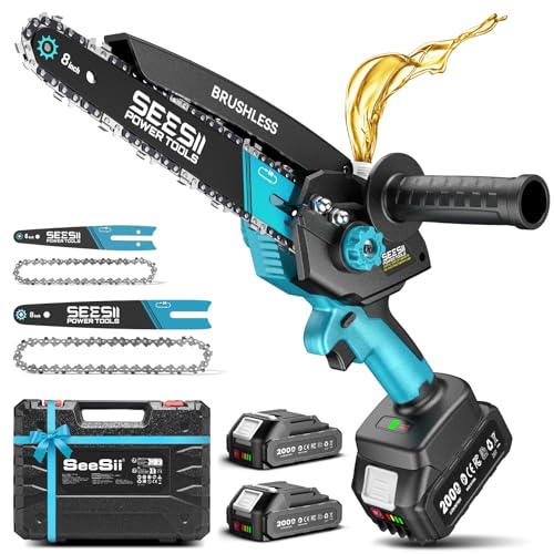 SEESII 8 Inch & 6 Inch Mini Chainsaw Cordless with 2 Batteries & Auto Oiler - color: Blue