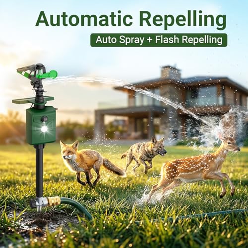 Solar Motion Sensor Deer Repellent Sprinkler Animal Deterrent Solar Cat Repeller with Motion Activated Sprinklers for Animal 1 Pack Flashing Lights Dog Racoon Squirrel for Lawn Garden Farmland