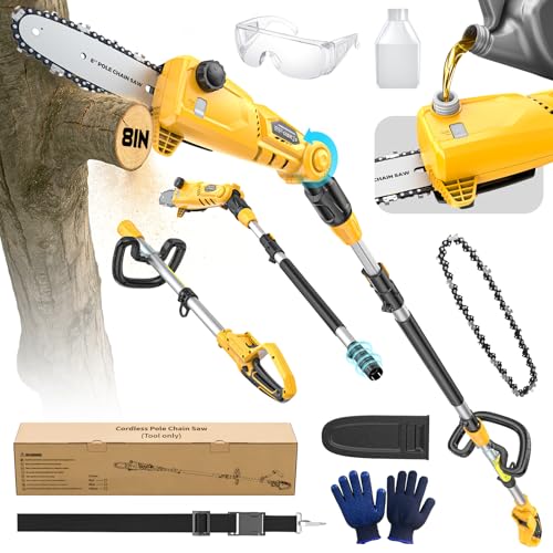 Ecarke Electric Pole Saw Compatible with Dewalt 20V, 16FT Max Total Reach, 8 Inch Detachable Tree Cutter, Electric Chainsaw Trimmer, 26ft/s Cutting Speed Pruner for Branch Pruning (Tool Only) - color: Yellow
