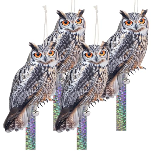 4PCS Garden Owl to Keep Pigeons Away from Porch, Flat Fake Owl to Scare Pigeon Away from Balcony, Hanging Plastic Owl, Woodpecker Scare Devices with Reflective Tape for Outdoor Patio Roof Yard - color: Grey-4PCS