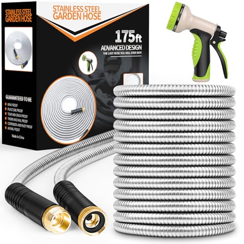 Unywarse Garden Hose 175FT Metal Water Hose with 10 Function Nozzle No-Kink - size: 175ft