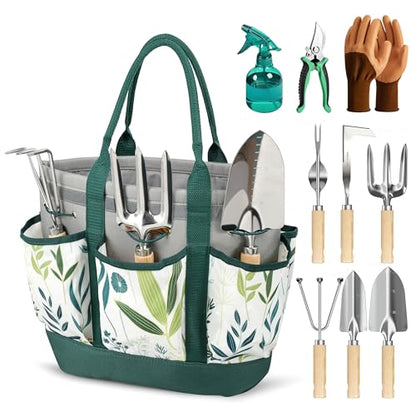 10Pcs Garden Tool Set, Rust-Proof Stainless Steel, Ash Wood Handles, Green - color: Green
